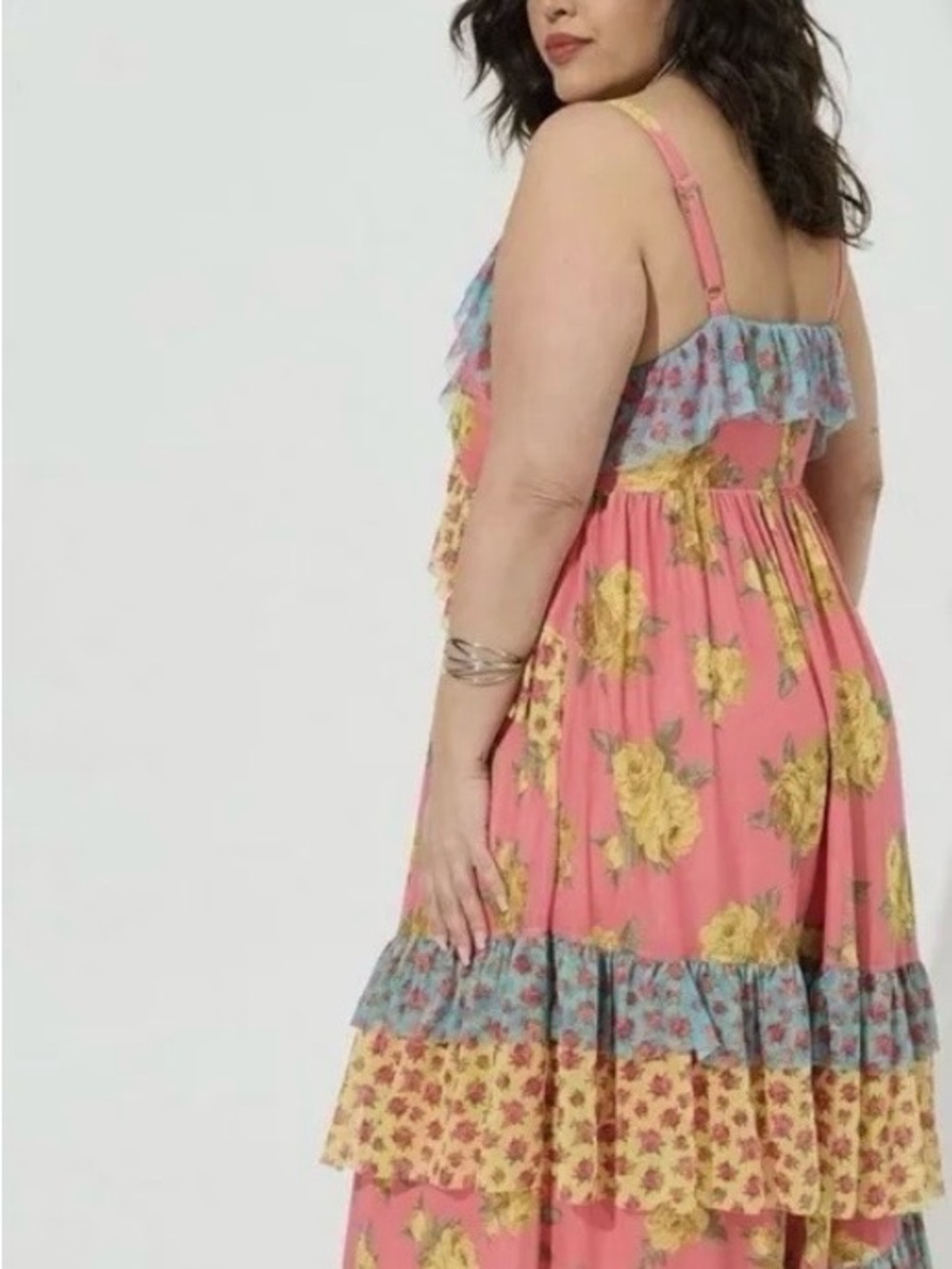 NWOT Size 2 Betsy Johnson TORRID Floral Tiered Pink Maxi Dress with Ruffle Trim